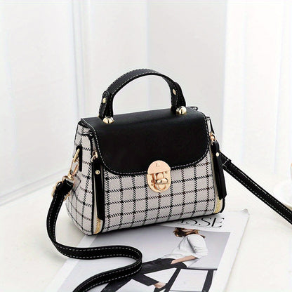 Plaid Pattern Handbag, Women's Buckle Decor Flap Purse, Fashion PU Leather Crossbody Bag