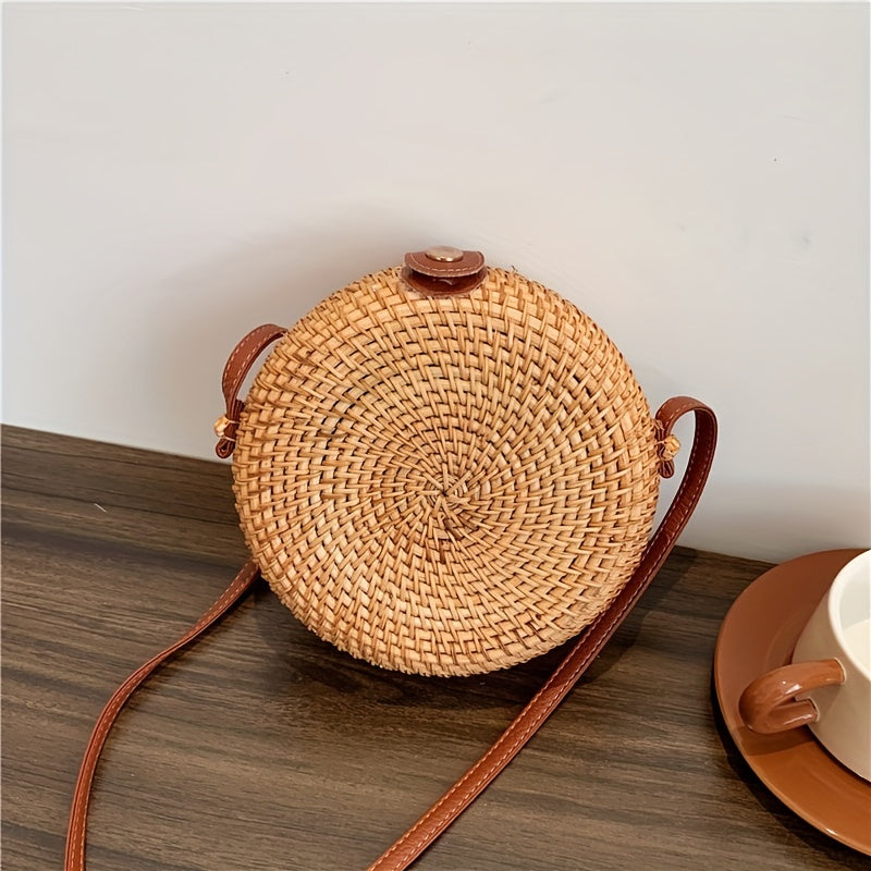 Mini Rattan Woven Round Bag, Boho Style Square Beach Bag, Fashion Straw Braided Crossbody Purses (18.01x7.01cm)
)