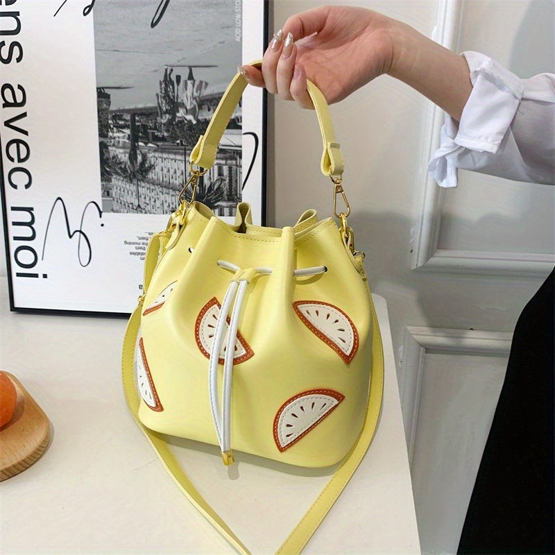 realaiot  Trendy Fruit Patched Bucket Bag, Stylish Satchel Bag, Lightweight Crossbody Bag For Work