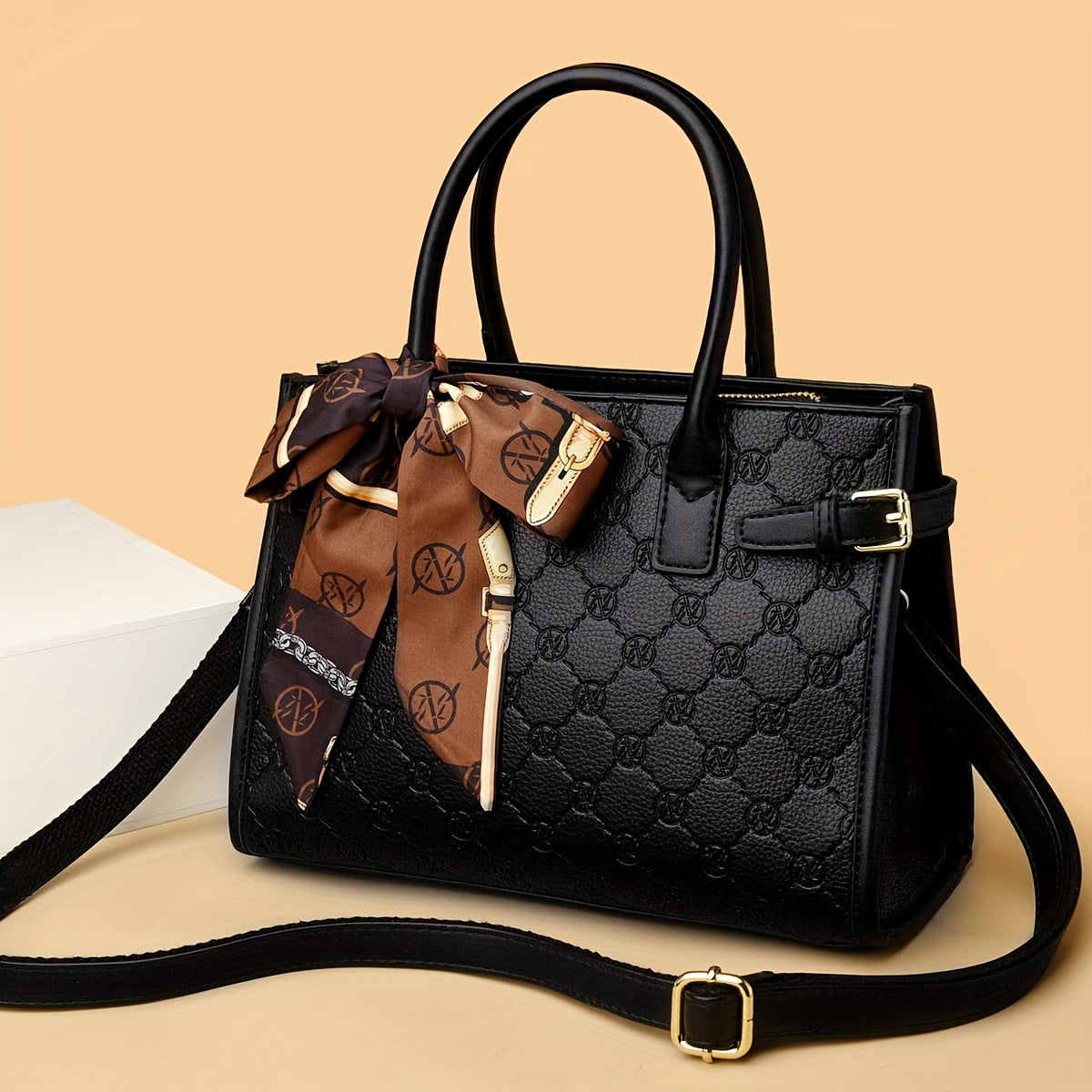 Classic Black Geometric Pattern Handbag, Scarf Decor Top Handle Handbag, PU Leather Elegant Shoulder Bag