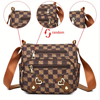 realaiot  Fashion Plaid Pattern Crossbody Bag, Women's Multi Pockets Purse, Heart Decor Faux Leather Shoulder Bag