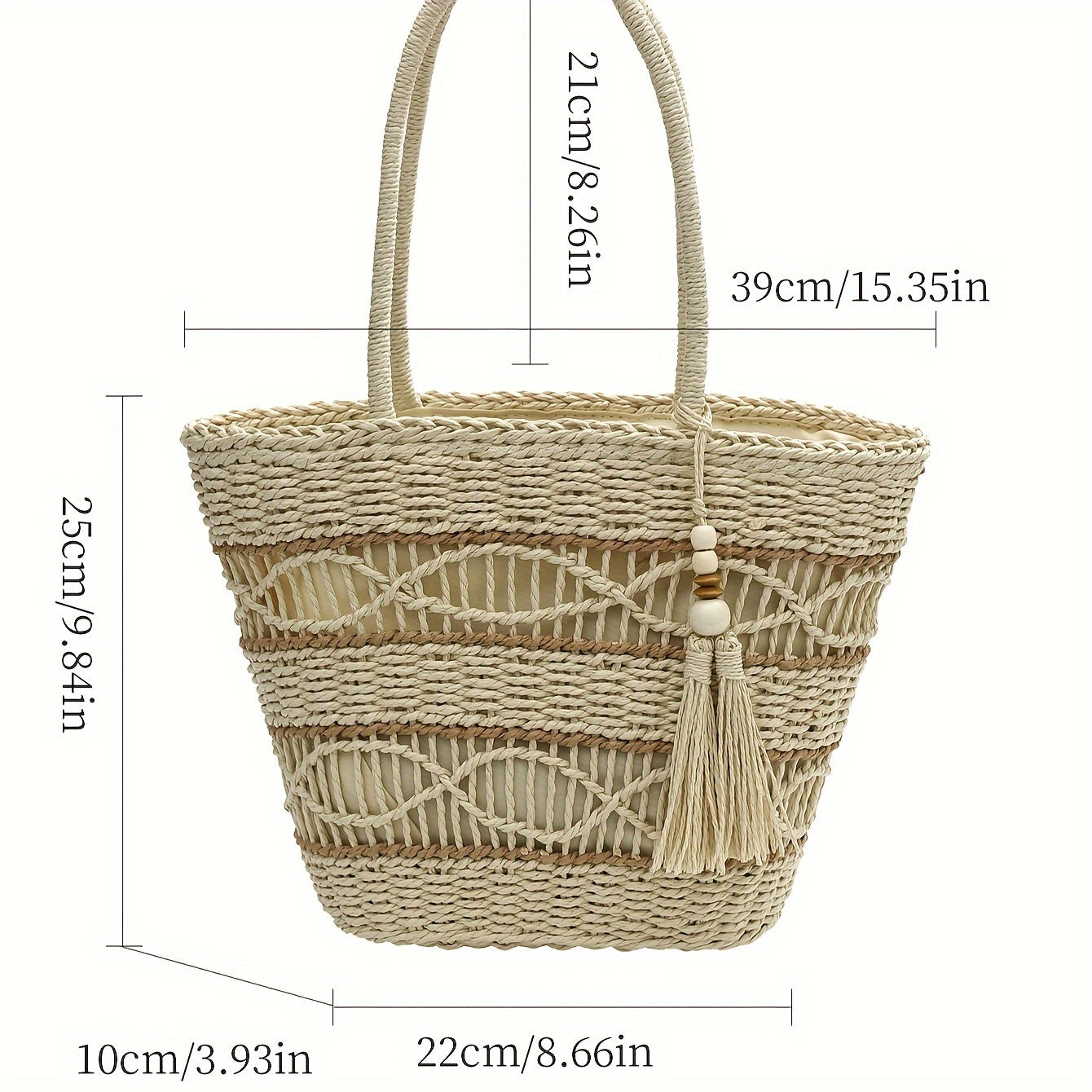 Summer Woven Straw Bag, Bohemian Tassel Decor Tote Bag, Retro Paper Straw Shoulder Bag For Travel Seaside Beach