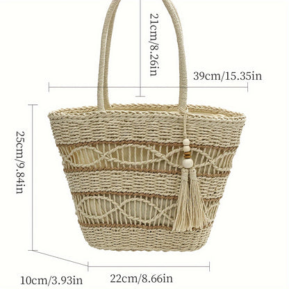 Summer Woven Straw Bag, Bohemian Tassel Decor Tote Bag, Retro Paper Straw Shoulder Bag For Travel Seaside Beach