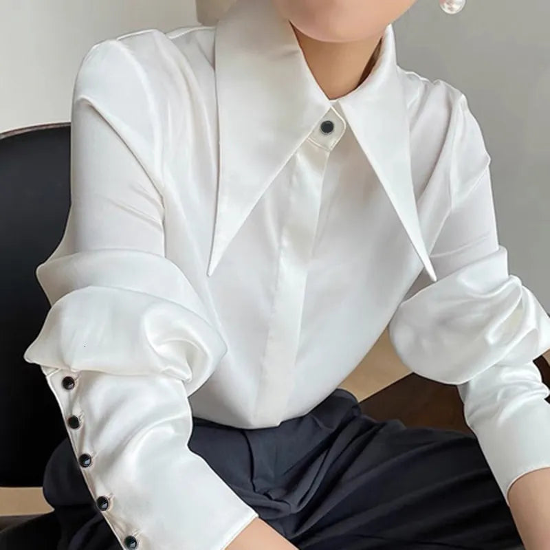 Women's Blouses Shirts Autumn Vintage Satin Silk Women Shirt Elegant Turn Down Collar Woman Blouse White Long Sleeve Ladies Shirts Tops Blusas 16946 230505