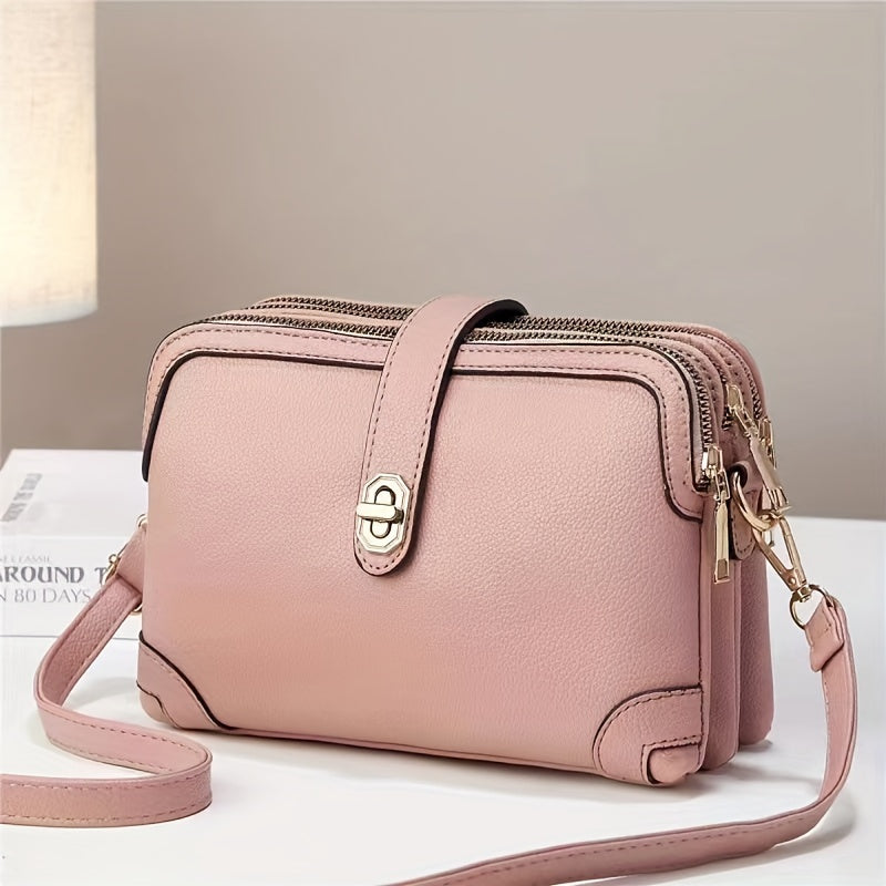 Multi Layer Crossbody Bag, Fashion Mini Shoulder Bag, Women's Three Zipper Square Purse