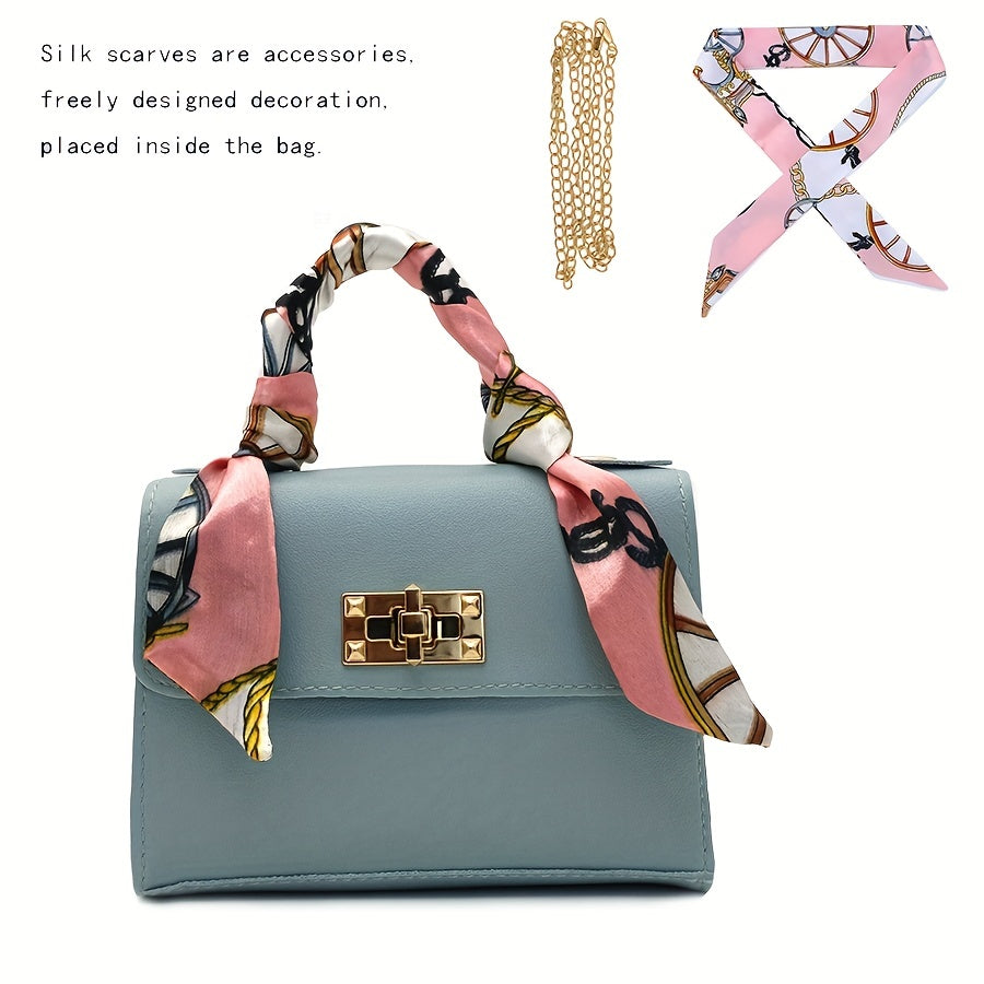 realaiot  Trendy Mini Flap Handbag, Women's Faux Leather Chain Crossbody Bag, Stylish Top Handle Purse,A Handbag Wrapped In A Silk Scarf, Fashion Chain Small Bag