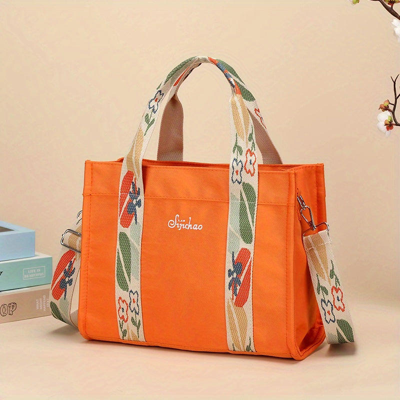 realaiot  Fashion Canvas Tote Handbag, Lightweight Shoulder Bag With Detachable Flower Print Strap