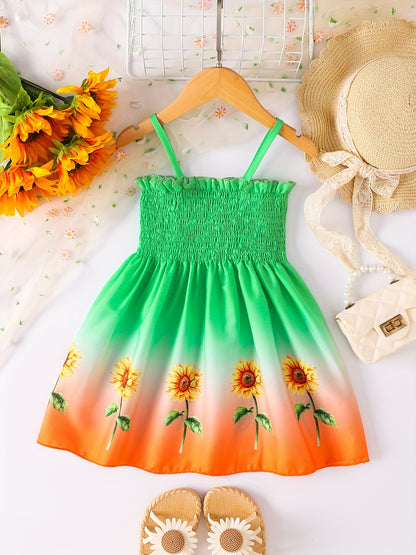 Toddler Girls Gradient Color Sunflower Graphic Frill Trim Shirred Cami Princess Dress For Party Beach Vacation Kids Summer Clothes 4th Of July Outfit