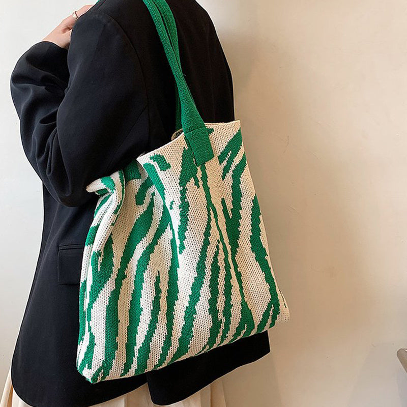 realaiot  Simple Large-capacity Tote Bag, Retro Knitted Shoulder Bag, Stylish Color Blocking Bag
