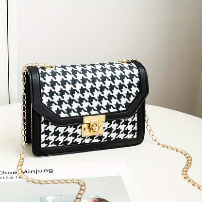 Stylish Houndstooth Pattern Square Bag, Trendy Crossbody Bag, Women's Flap Purse