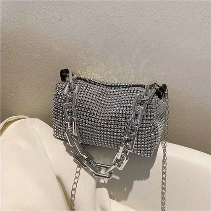 realaiot  Allover Rhinestone Bucket Bag, Glitter Chain Prom Purse, Women's Mini Crossbody Bag (6.3*3.54) Inch