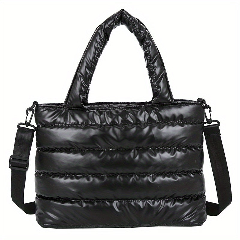 Soft Quilted Tote Bag, Large Capacity Zipper Shoulder Bag, Detachable Adjustable Strap Portable Double Handle Handbag