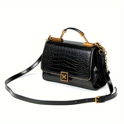 realaiot  Crocodile Pattern Handbag, Luxury Chain Crossbody Bag, Retro Shoulder Bag & Flap Purse