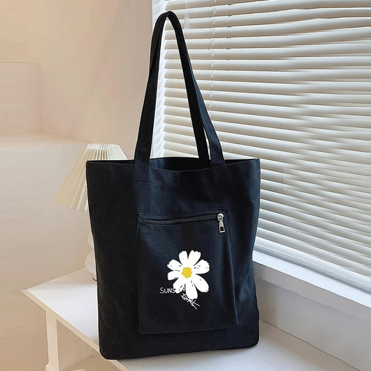 realaiot  Cute Floral Print Tote Bag, Large Capacity Canvas Shoulder Bag, Women's Casual Handbag & Reusable Shopping Bag