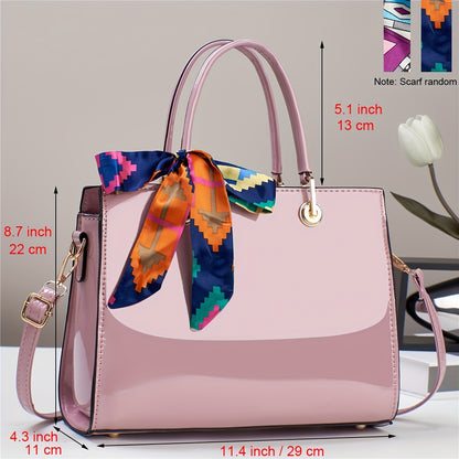 Fashion Bright PU Leather Handbag, Large Capacity Crossbody Bag, Women's Scarf Decor Satchel Purse