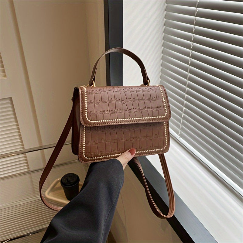 Fashion Mini Crossbody Bag, Women's Stone Pattern Handbag, Solid Color Shoulder Square Purse