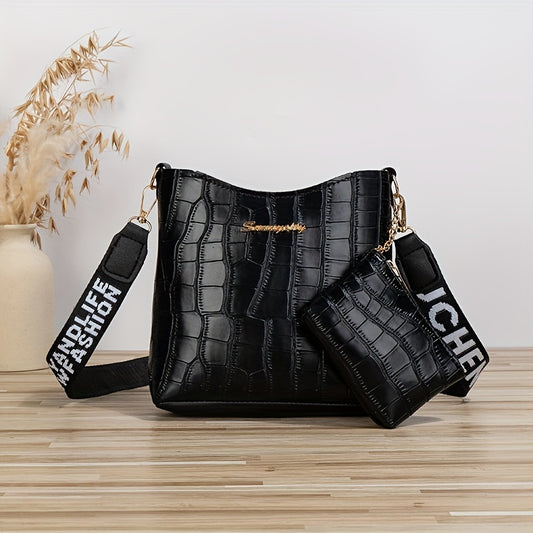 realaiot 2 Pcs Crocodile Pattern Bag Set : Solid Color Square Shoulder Bucket Bag & Clutch Coin Purse, For Women To Shopping & Work