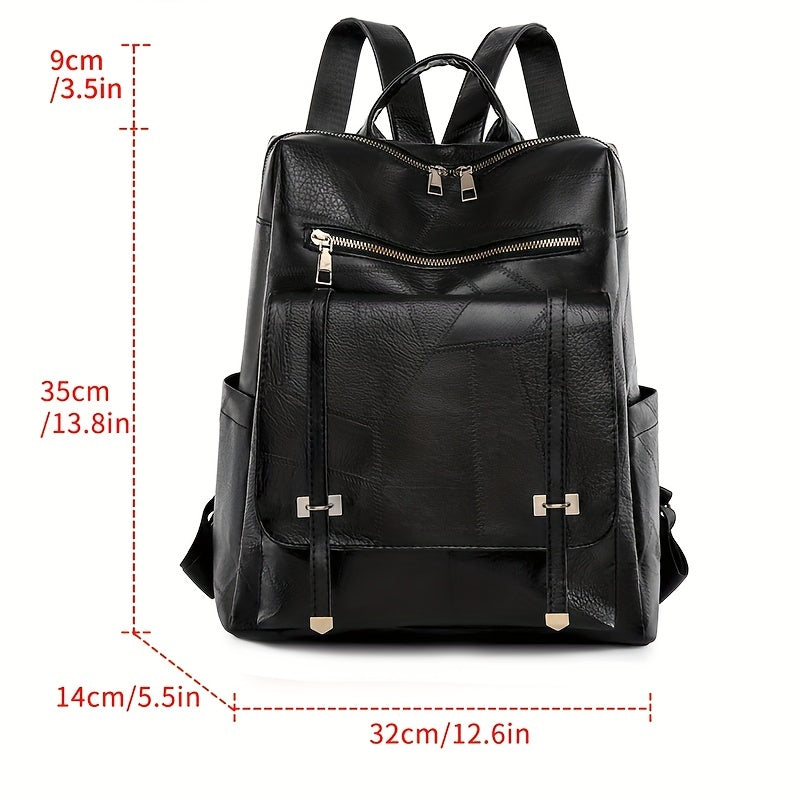 realaiot  Vintage PU Leather Backpack, Multi Pocket School Bag, Casual Daypack For Outdoor Travel