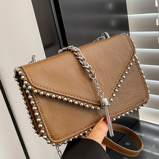 Stylish Square Flap Shoulder Bag, Tassel Decor Rivet Decor Crossbody Bag For Women