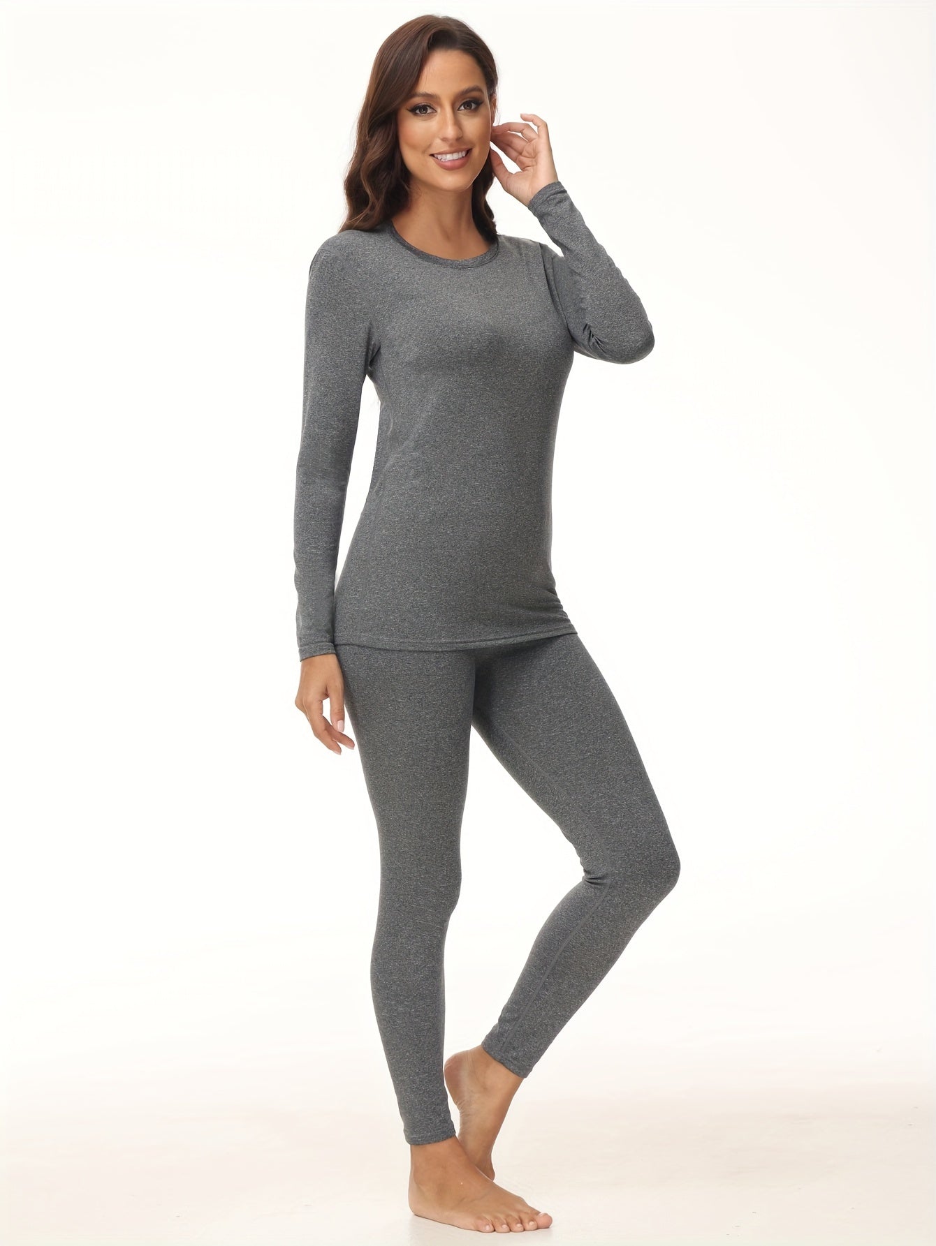 Women's Solid Plush Lined Thermal Underwear Set - Long Sleeve Crew Neck Tops and Pants, Soft Loungewear for Fall and Winter, Cozy Thermal Base Layer for Cold Weather