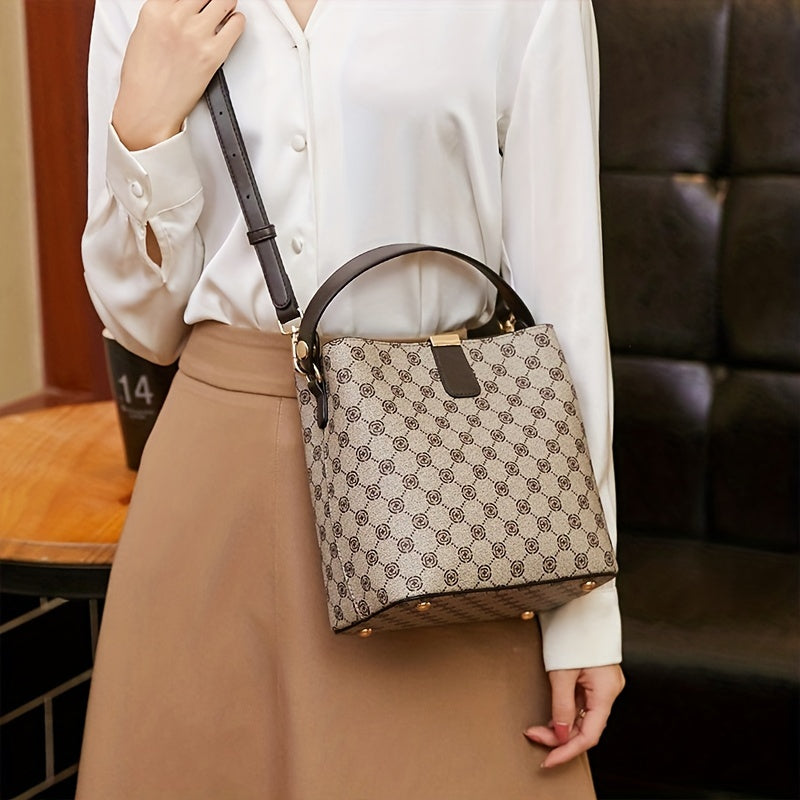 Rhombus Pattern Bucket Bag, Vintage Zipper Crossbody Bag, Women's Every Day Handbags