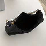 realaiot  Black Minimalist Baguette Bag, Zipper Trendy Underarm Bag With Faux Pearl Strap For Women