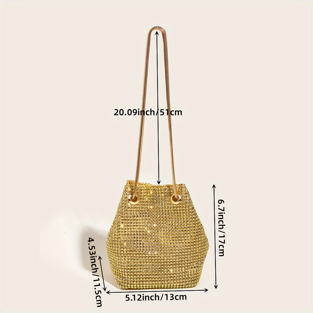Mini Glitter Bucket Evening Shoulder Bag, All Over Rhinestone Decor Handbag, Luxury Handbag For Party Prom
