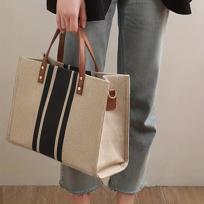 Striped Canvas Tote Bag, Large Capacity Shoulder Bag, Women's Commuter Handbags