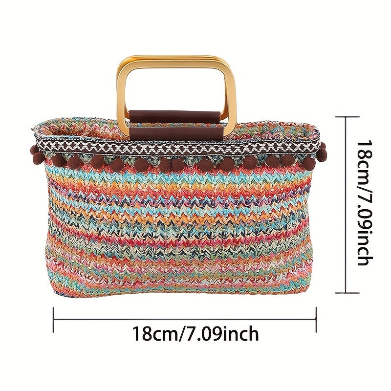 realaiot  Colorful Straw Woven Handbag, Summer Striped Tote Bag, Fashion Beach Bag For Women