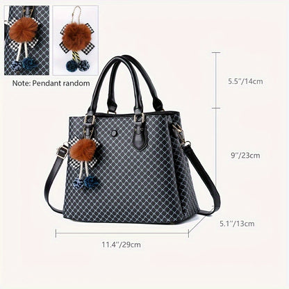 realaiot  Fashion Plaid Pattern Handbag, Multi Layer Crossbody Bag, Women's Elegant Shoulder Bag With Plush Ball Pendant