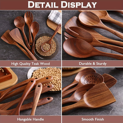 1 Set, Premium Teak Wooden Cooking Utensils Set - Extremely Durable, Non-Scratch, and Gentle on Cookware, Complete with Spoons and Spatula for Healthy and Natural Cooking, Perfect for Preparing Nutritious Meals with Natural Ingredients