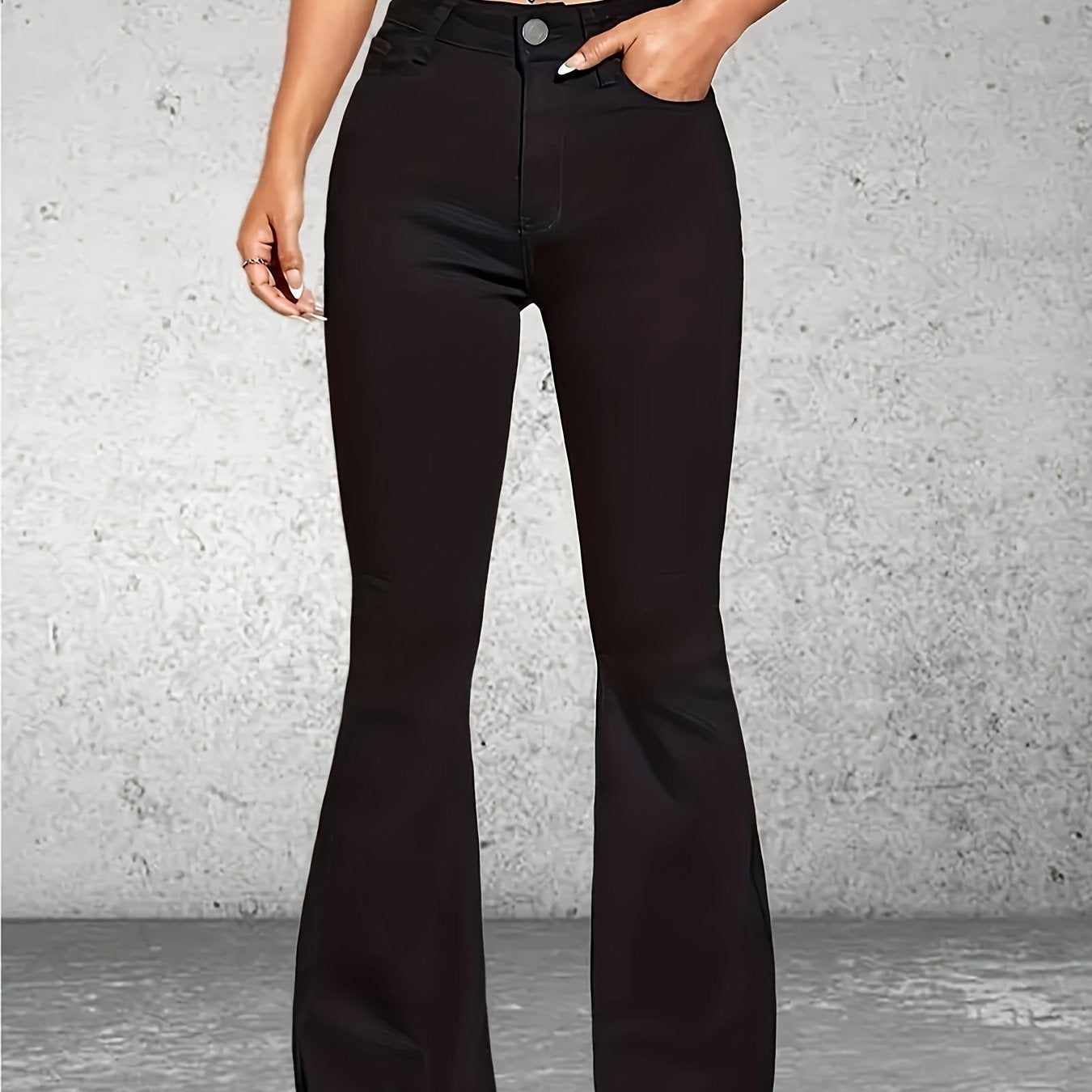 realaiot  High Rise Plain Flare Leg Jeans, Medium Stretch Slash Pocket Bell Bottom Denim Pants, Women's Denim Jeans & Clothing