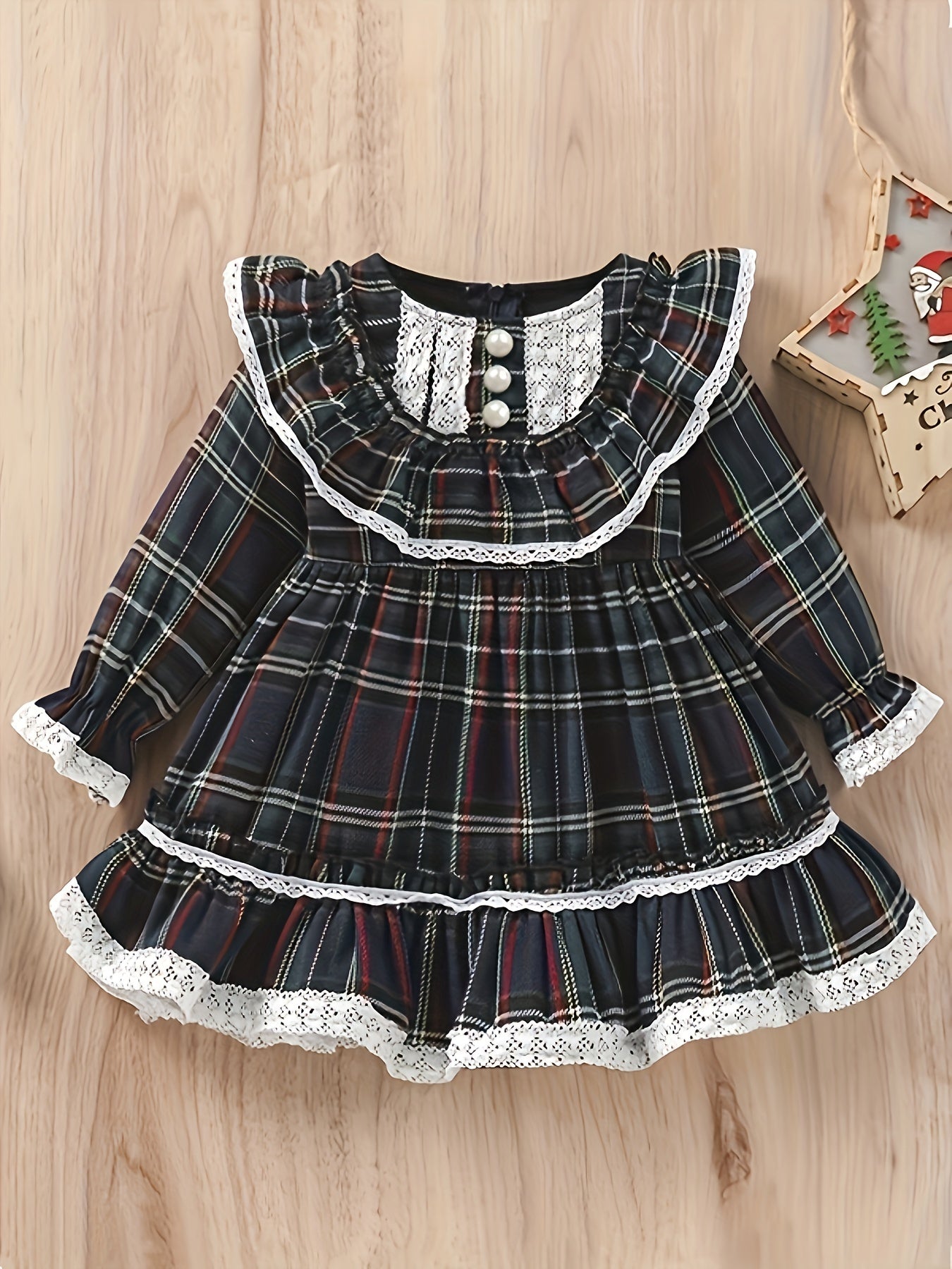 Toddler Girls' Cute Cotton Blend Plaid Dress with High Neck and Ruffle Details, Woven Non-Stretch Fabric, Perfect Fall Season Princess Puff Dress for Christmas Events