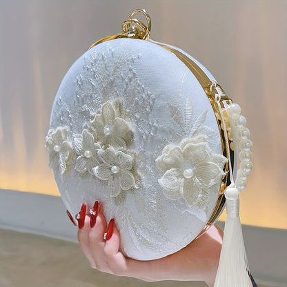 realaiot  Floral Embroidery Round Evening Bag, Clutch Wedding Purse For Women, Party Banquet Flower Bag Hanfu Accessories