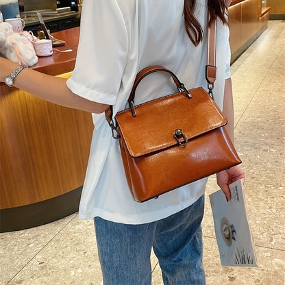 realaiot  Vintage Oil Wax Leather Handbag For Women, Trendy Wide Strap Crossbody Bag, Top Handle Satchel Office & Work Purse