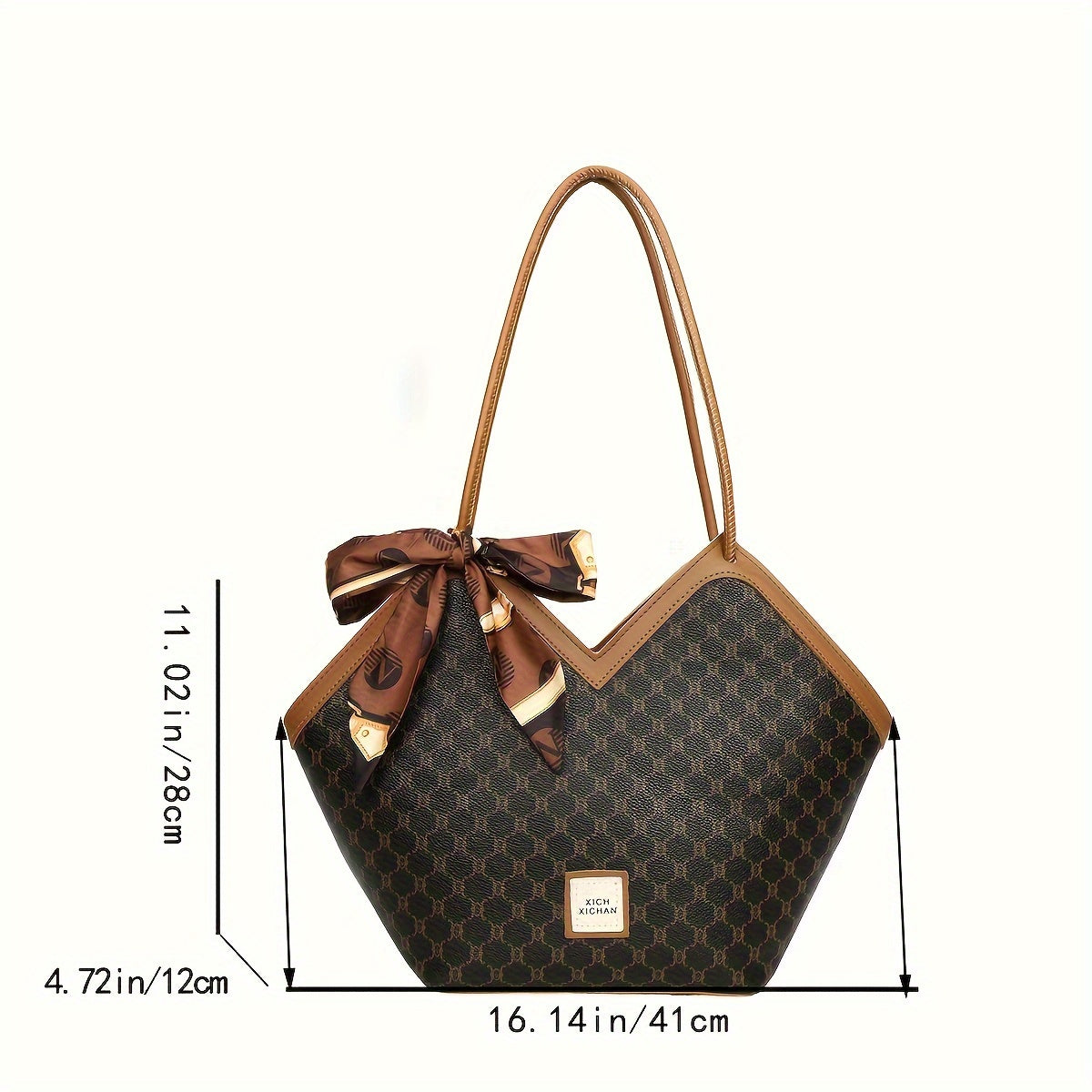 realaiot  Trendy Geometric Pattern Shoulder Bag, Classic Stitching Tote Bag With Scarf Decor