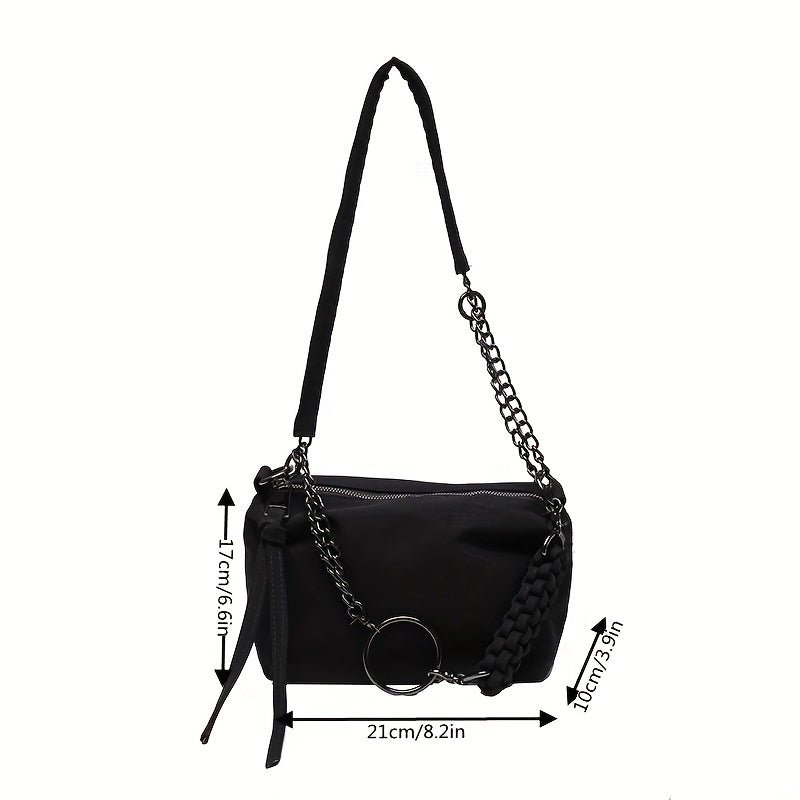 Women's Casual Trendy Shoulder Bag, Black Minimalist Crossbody Bag With Chain Decor