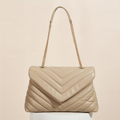 Minimalist Quilted Detail Chain Bag, Classic Solid Color Shoulder Bag, Women's Faux Leather Handbag