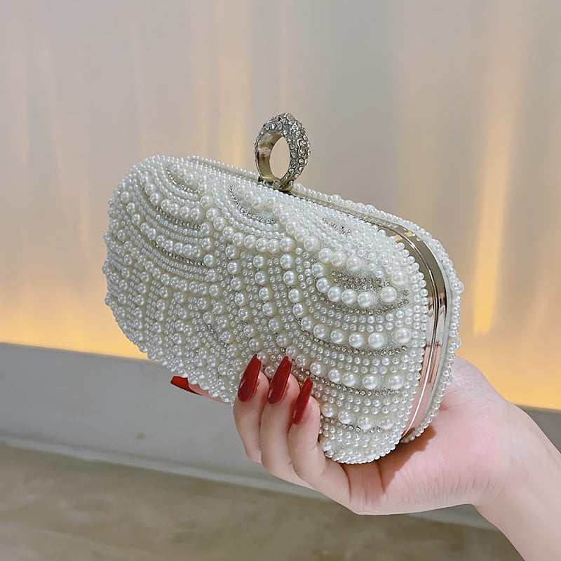 realaiot  Elegant Pearl Rhinestone Clutch, Glitter Dinner Clutch Purse, Classic Banquet Handbag For Wedding Party Prom