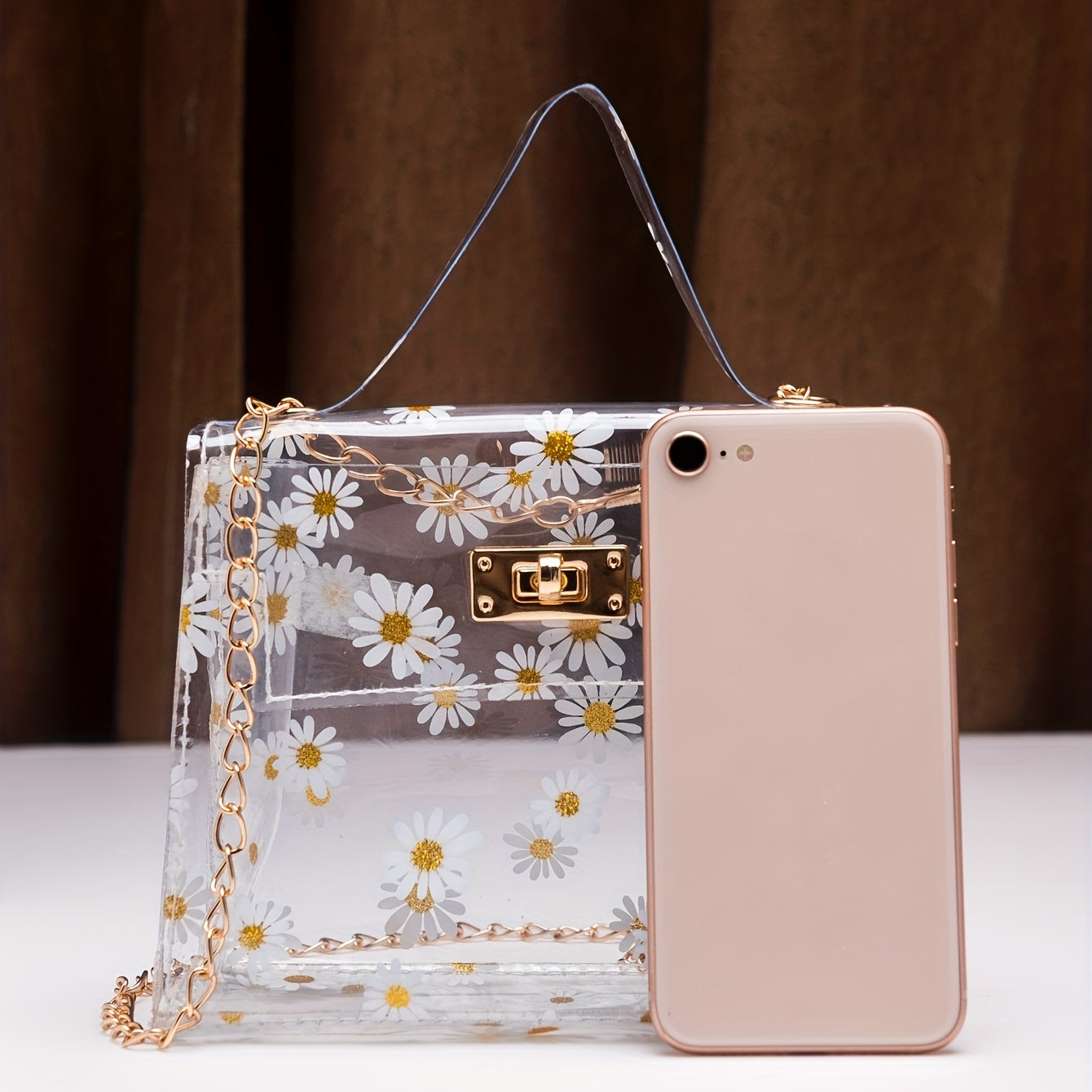 Daisy Pattern Transparent Shoulder Chain Bag, Stylish Turn-Lock Handbag, Women's Purse