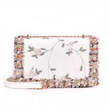 Fashion Lace & Bead Decor Bag, Flower Embroidered Square Shoulder Bag, Trendy Crossbody Bag For Women