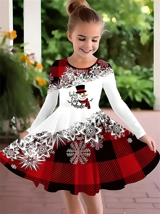 Cute Long Sleeve Fashion Dress - Cinched Waist, Big Swing Skirt, Christmas Fun Print, Comfortable and Stylish for Girls - Perfect for Holiday Parties and Casual Wear