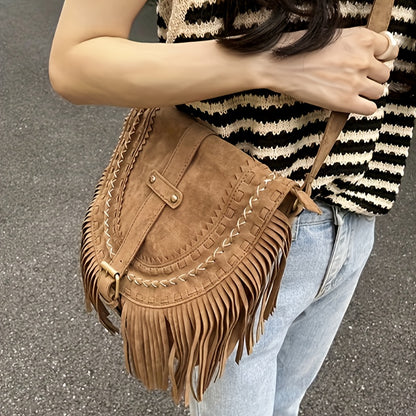 realaiot  Imitation Suede Fringe Hobo Bag, Vintage Tassel Crossbody Bag, Trendy Western Style Flap Shoulder Bag