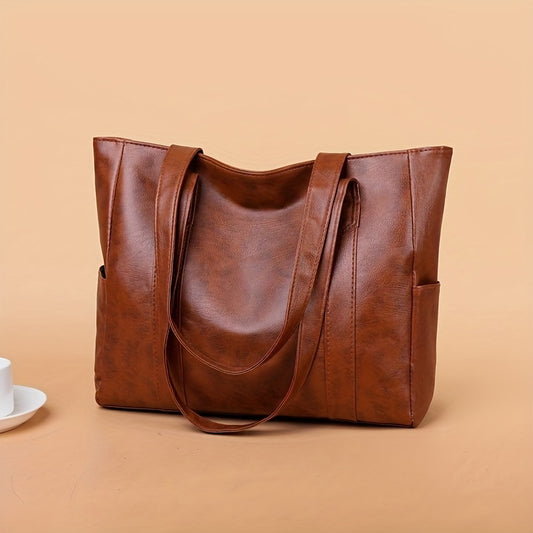 Minimalist Vintage Tote Shoulder Bag, Solid Color Handbag, All-Match Bag For Work