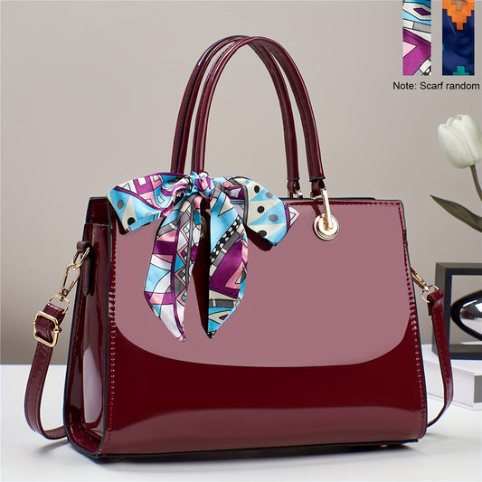 Fashion Bright PU Leather Handbag, Large Capacity Crossbody Bag, Women's Scarf Decor Satchel Purse