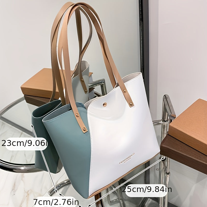 Two Tone Tote Bag, Trendy Stitching Shoulder Bag, Women's PU Leather Handbag For Commuter
