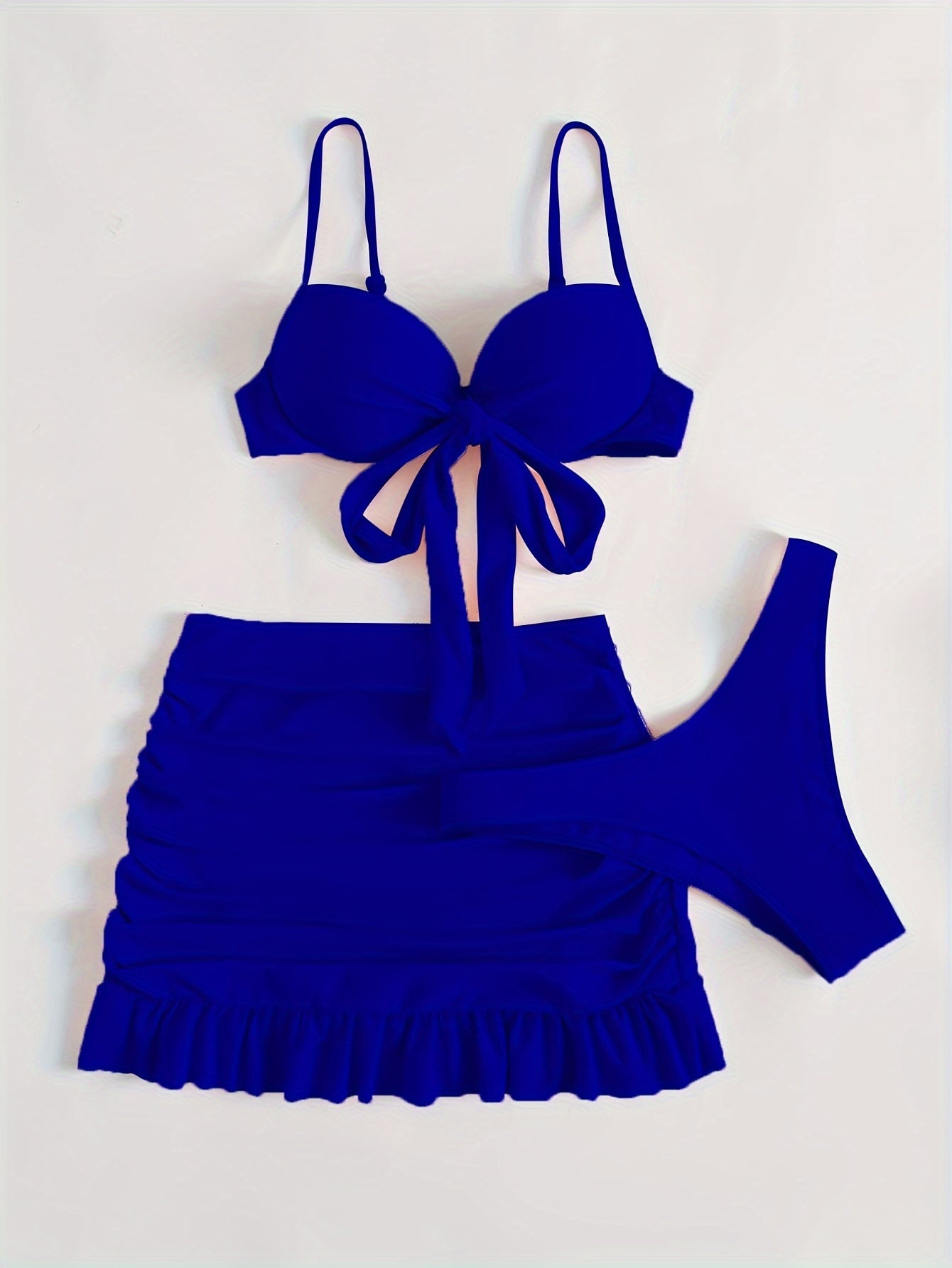 Three-Piece Beach Vacation Bikini Set - Stylish Tie-Front Top, Flirty Ruffle Hem Skirt, and Comfortable Swim Bottoms with Adjustable Straps, Perfect for Summer Getaways and Pool Parties