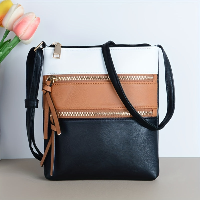 realaiot  Contrast Color Square Crossbody Bag, PU Leather Textured Bag Purse, Classic Versatile Fashion Shoulder Bag