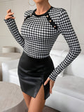 Houndstooth Print Crew Neck T-shirt, Elegant Long Sleeve Button Decor Top For Spring & Fall, Women's Clothing