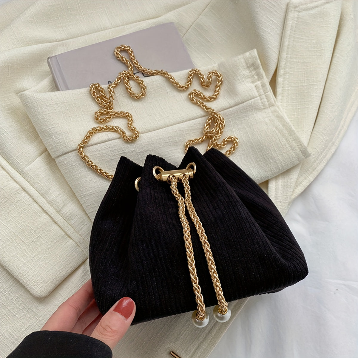 realaiot  Minimalist Mini Drawstring Shoulder Bag, Women's Classic Drawstring Chain Bag, Classic All-Match Corduroy Bag